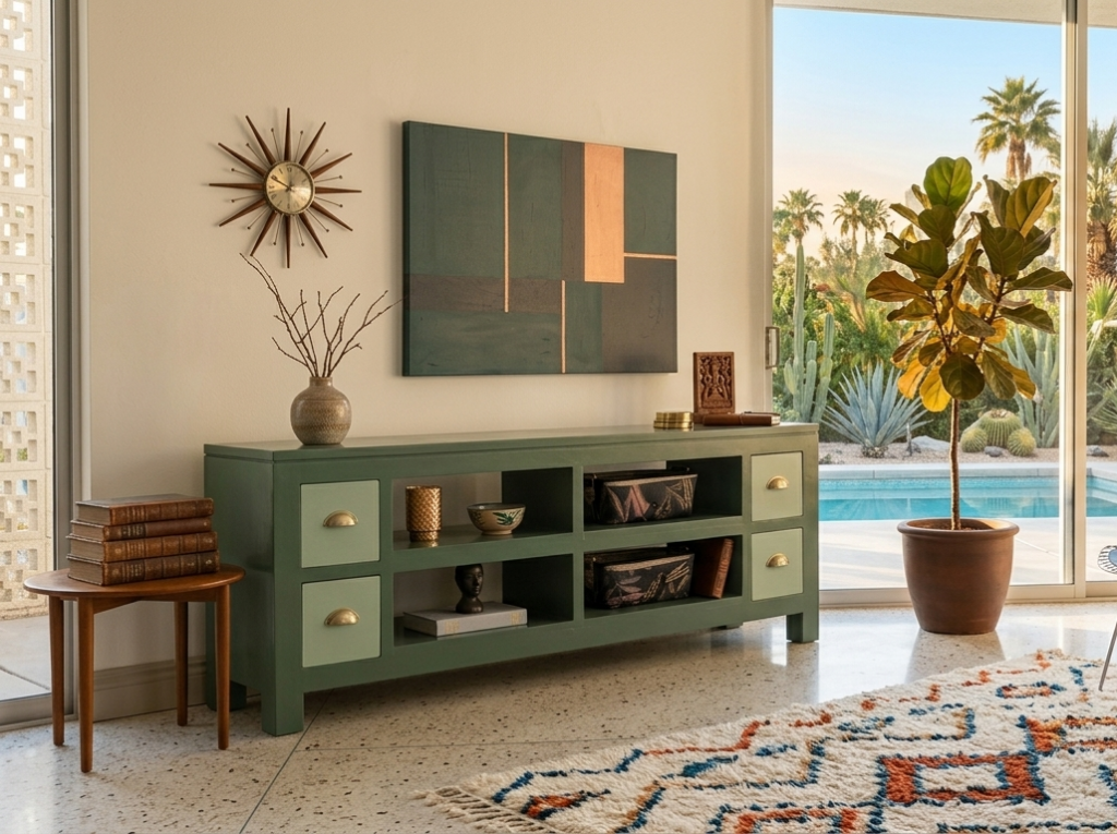 wooden upcycled painted green tv unit in a mid century modern home